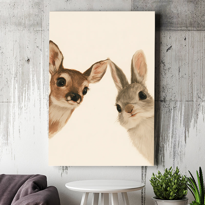Baby Deer And Rabbit Funny Art, Portrait Painting Art, Pet Lover Art, Canvas Print Wall Art, Wall Decor