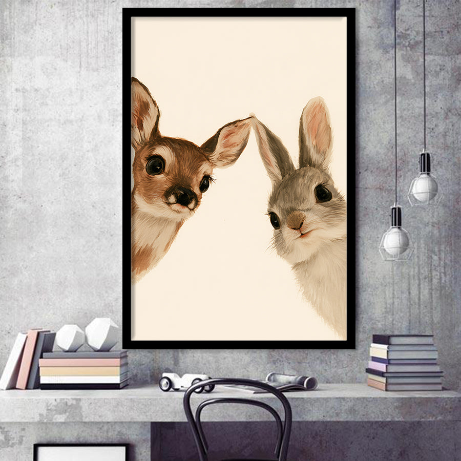 Baby Deer And Rabbit Funny Art, Portrait Painting Art, Pet Lover Art, Framed Art Print, Fine Art Wall Decor