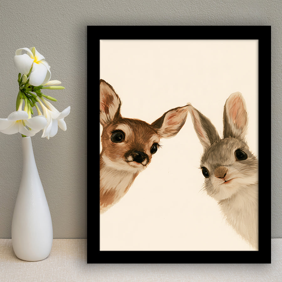 Baby Deer And Rabbit Funny Art, Portrait Painting Art, Pet Lover Art, Framed Art Print, Fine Art Wall Decor