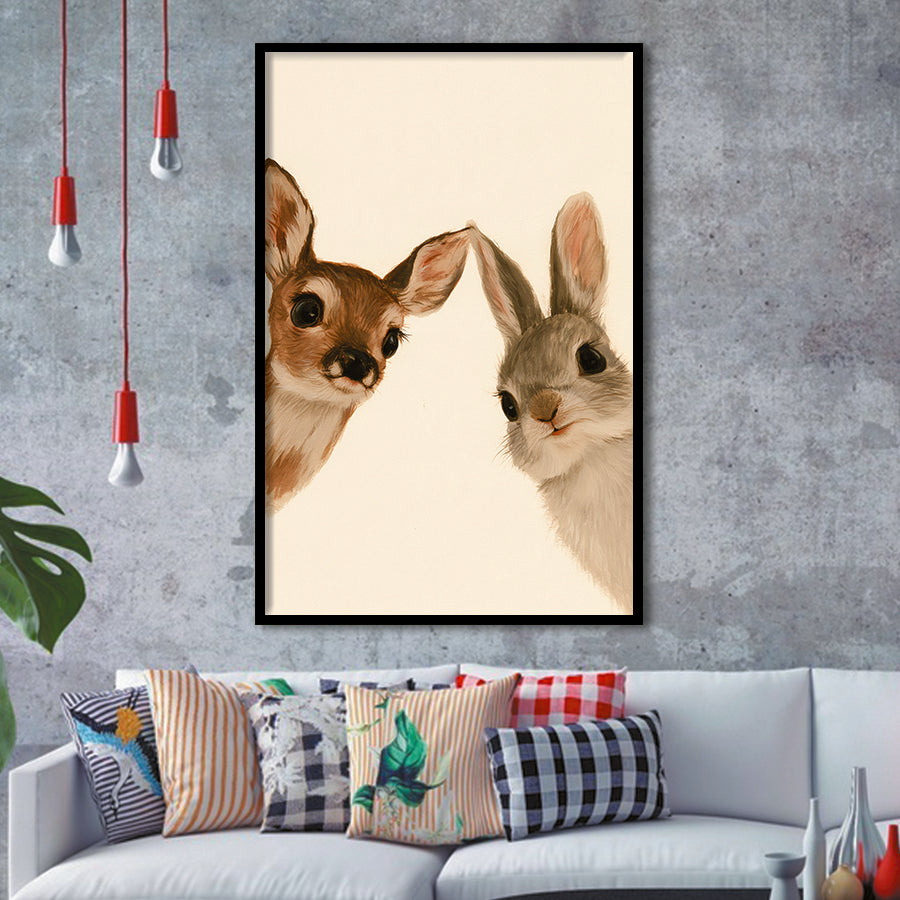Baby Deer And Rabbit Funny Art, Portrait Painting Art, Pet Lover Art, Framed Art Print, Fine Art Wall Decor