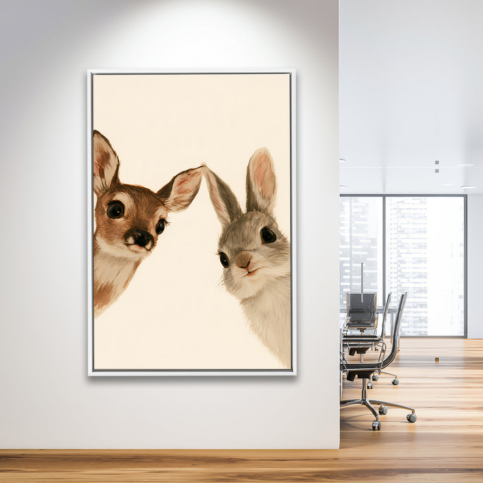 Baby Deer And Rabbit Funny Art, Portrait Painting Art, Pet Lover Art, Framed Canvas Print, Floating Frame