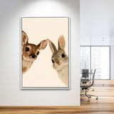 Baby Deer And Rabbit Funny Art, Portrait Painting Art, Pet Lover Art, Framed Canvas Print, Floating Frame