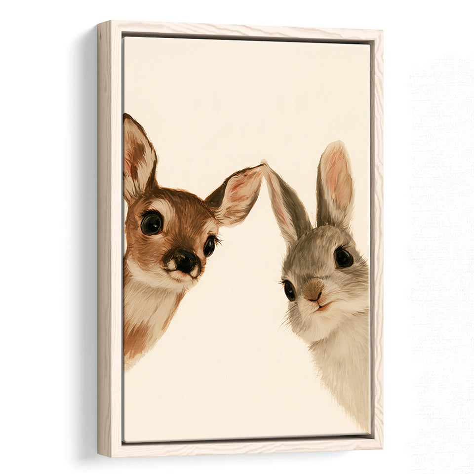 Baby Deer And Rabbit Funny Art, Portrait Painting Art, Pet Lover Art, Framed Canvas Print, Floating Frame