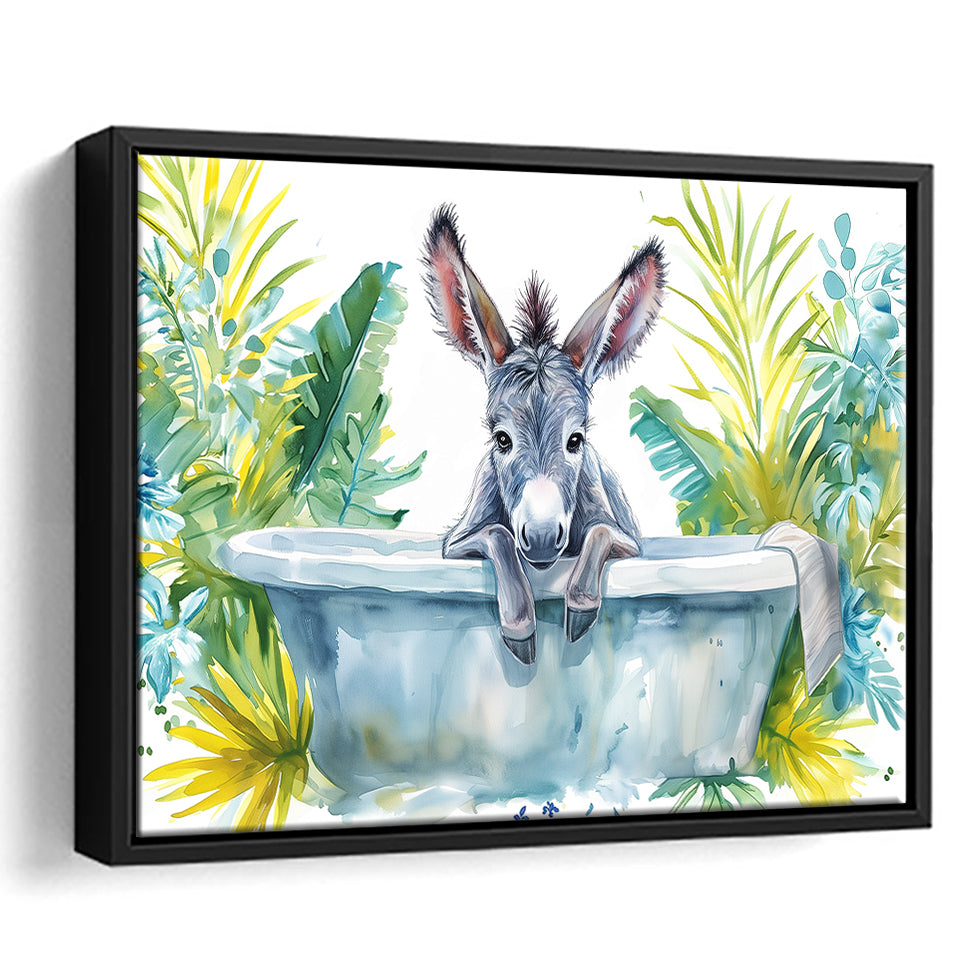 Baby Donkey In Bathtub Bathroom Print Watercolor, Bathroom Art Decor Framed Canvas Prints Wall Art,Floating Frame