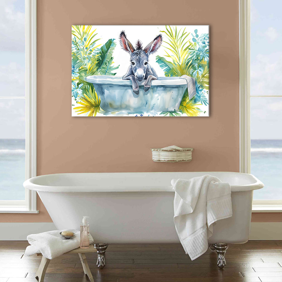 Baby Donkey In Bathtub Bathroom Print Watercolor, Bathroom Art Decor Canvas Prints Wall Art, Animal Bathroom Art