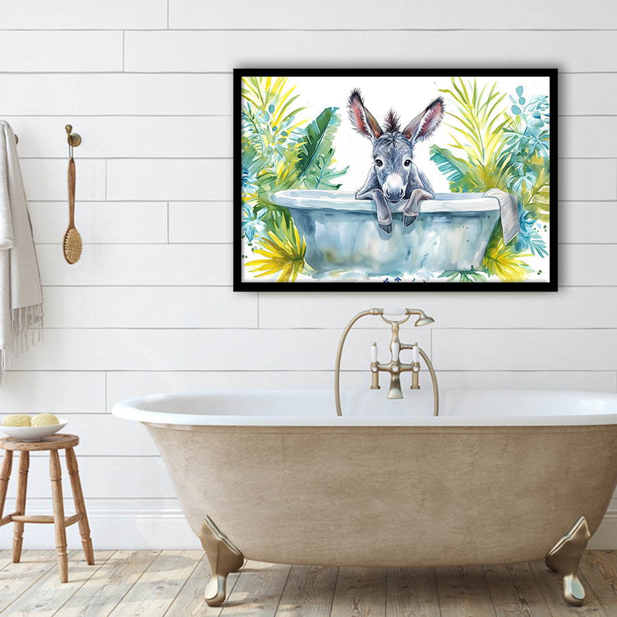 Baby Donkey In Bathtub Bathroom Print Watercolor, Bathroom Art Decor Framed Art PrintsWall Art, Animal Bathroom Art