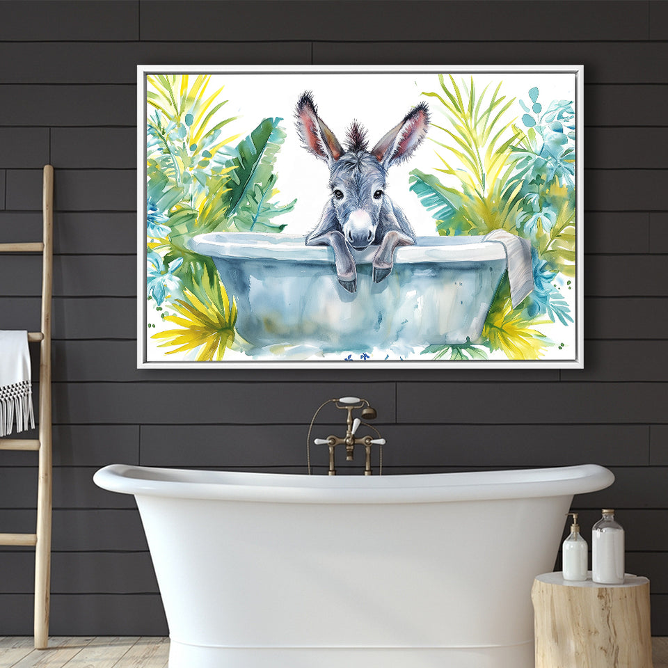 Baby Donkey In Bathtub Bathroom Print Watercolor, Bathroom Art Decor Framed Canvas Prints Wall Art,Floating Frame