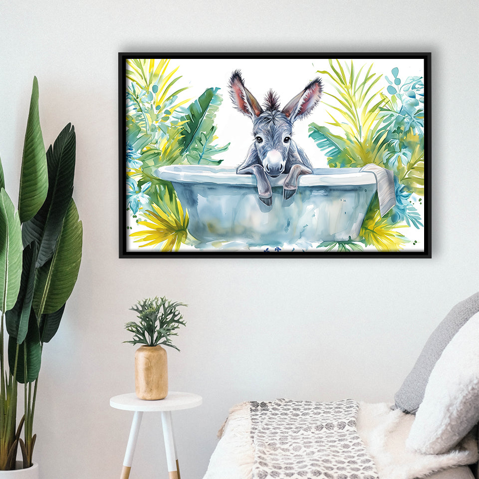 Baby Donkey In Bathtub Bathroom Print Watercolor, Bathroom Art Decor Framed Canvas Prints Wall Art,Floating Frame