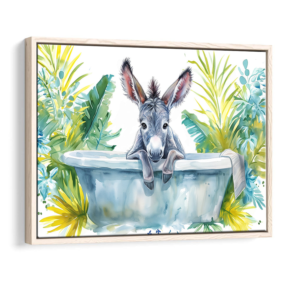 Baby Donkey In Bathtub Bathroom Print Watercolor, Bathroom Art Decor Framed Canvas Prints Wall Art,Floating Frame