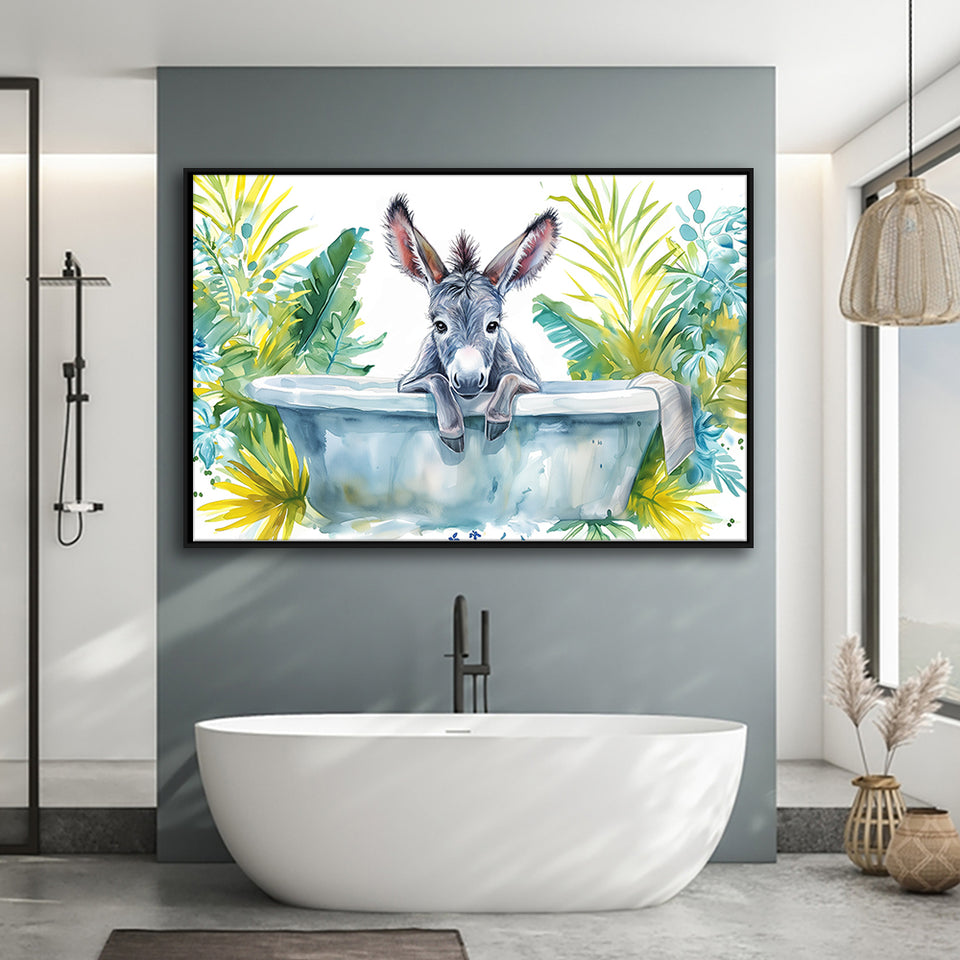Baby Donkey In Bathtub Bathroom Print Watercolor, Bathroom Art Decor Framed Canvas Prints Wall Art,Floating Frame