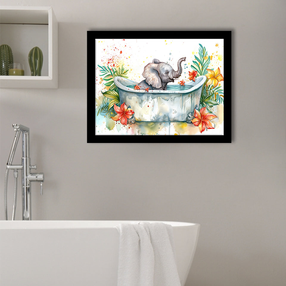 Baby Elephant In Bathtub Bathroom Print Water Color, Bathroom Art Decor Framed Art PrintsWall Art, Animal Bathroom Art