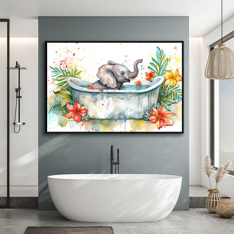 Baby Elephant In Bathtub Bathroom Print Water Color, Bathroom Art Decor Framed Canvas Prints Wall Art,Floating Frame