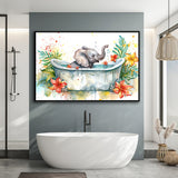 Baby Elephant In Bathtub Bathroom Print Water Color, Bathroom Art Decor Framed Canvas Prints Wall Art,Floating Frame