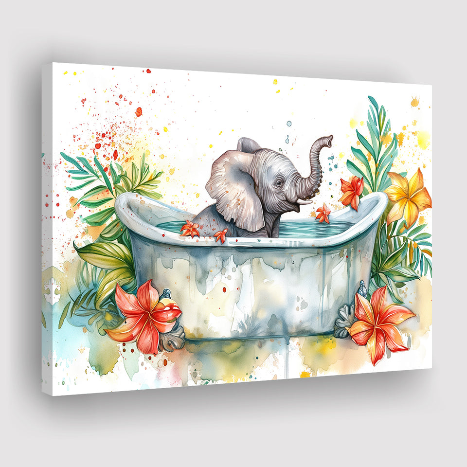 Baby Elephant In Bathtub Bathroom Print Water Color, Bathroom Art Decor Canvas Prints Wall Art, Animal Bathroom Art
