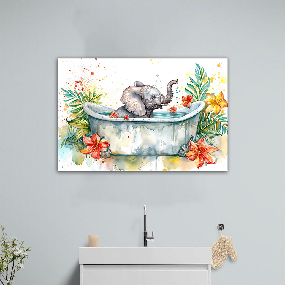 Baby Elephant In Bathtub Bathroom Print Water Color, Bathroom Art Decor Canvas Prints Wall Art, Animal Bathroom Art