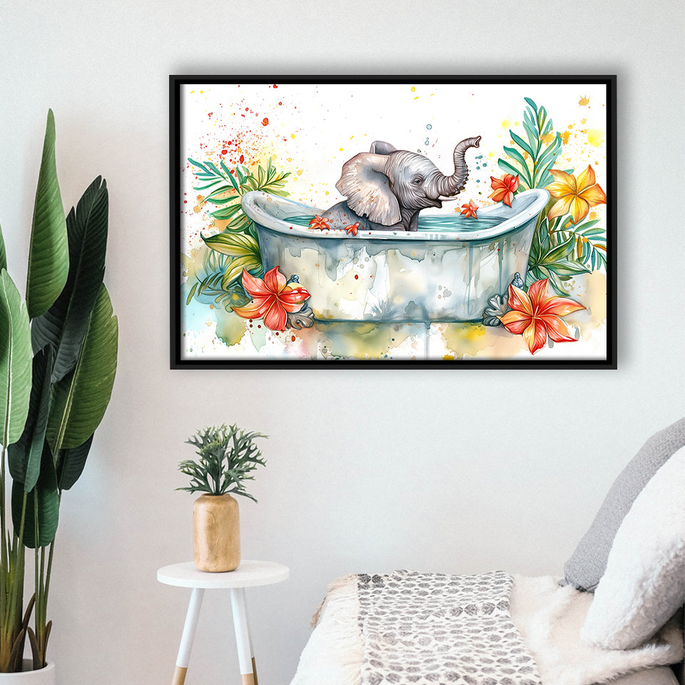 Baby Elephant In Bathtub Bathroom Print Water Color, Bathroom Art Decor Framed Canvas Prints Wall Art,Floating Frame