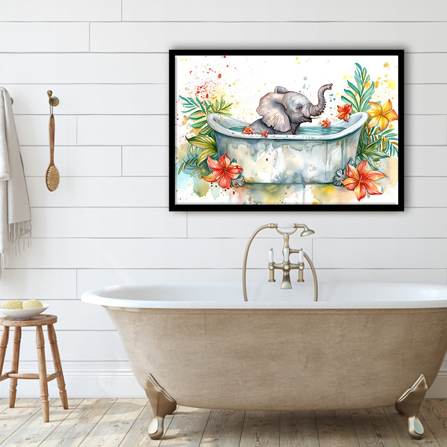 Baby Elephant In Bathtub Bathroom Print Water Color, Bathroom Art Decor Framed Art PrintsWall Art, Animal Bathroom Art