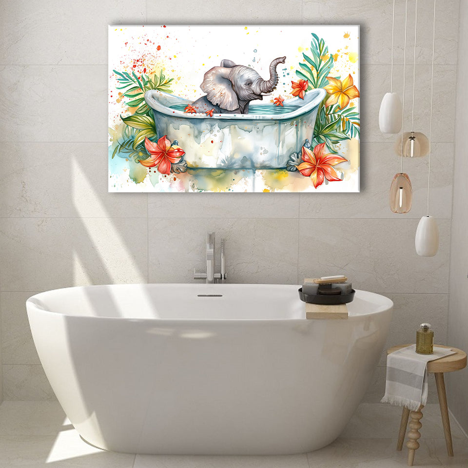 Baby Elephant In Bathtub Bathroom Print Water Color, Bathroom Art Decor Canvas Prints Wall Art, Animal Bathroom Art