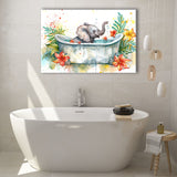 Baby Elephant In Bathtub Bathroom Print Water Color, Bathroom Art Decor Canvas Prints Wall Art, Animal Bathroom Art