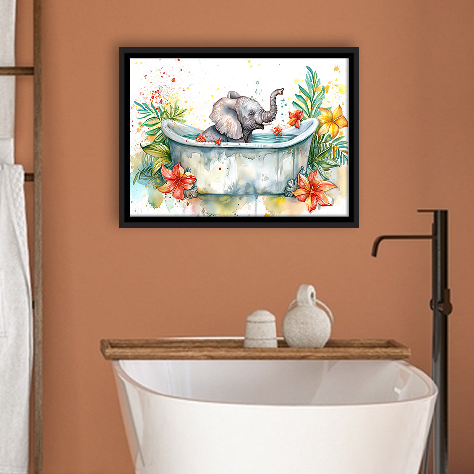 Baby Elephant In Bathtub Bathroom Print Water Color, Bathroom Art Decor Framed Canvas Prints Wall Art,Floating Frame