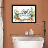 Baby Elephant In Bathtub Bathroom Print Water Color, Bathroom Art Decor Framed Canvas Prints Wall Art,Floating Frame