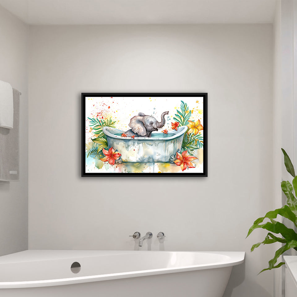 Baby Elephant In Bathtub Bathroom Print Water Color, Bathroom Art Decor Framed Canvas Prints Wall Art,Floating Frame
