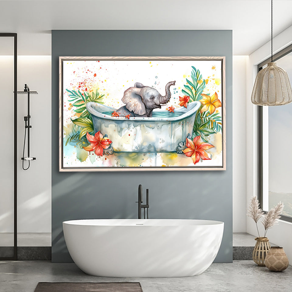 Baby Elephant In Bathtub Bathroom Print Water Color, Bathroom Art Decor Framed Canvas Prints Wall Art,Floating Frame
