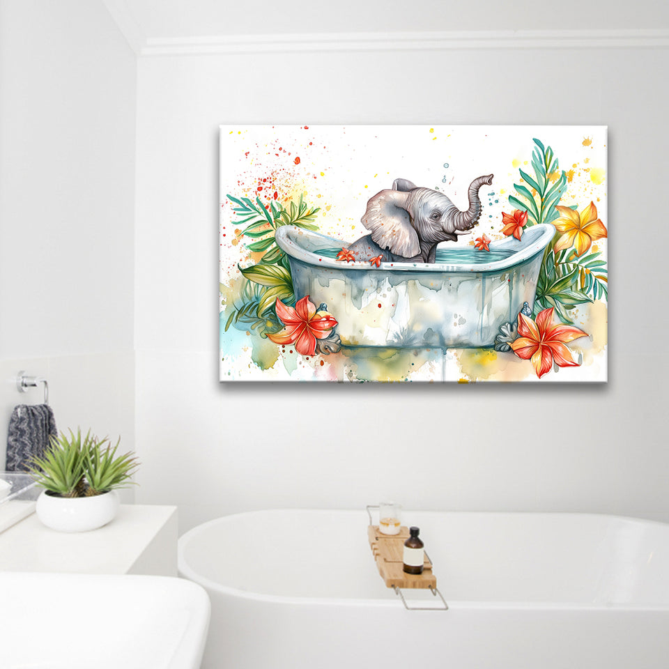 Baby Elephant In Bathtub Bathroom Print Water Color, Bathroom Art Decor Canvas Prints Wall Art, Animal Bathroom Art