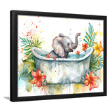 Baby Elephant In Bathtub Bathroom Print Water Color, Bathroom Art Decor Framed Art PrintsWall Art, Animal Bathroom Art