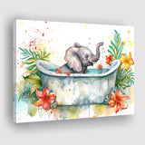 Baby Elephant In Bathtub Bathroom Print Water Color, Bathroom Art Decor Canvas Prints Wall Art, Animal Bathroom Art