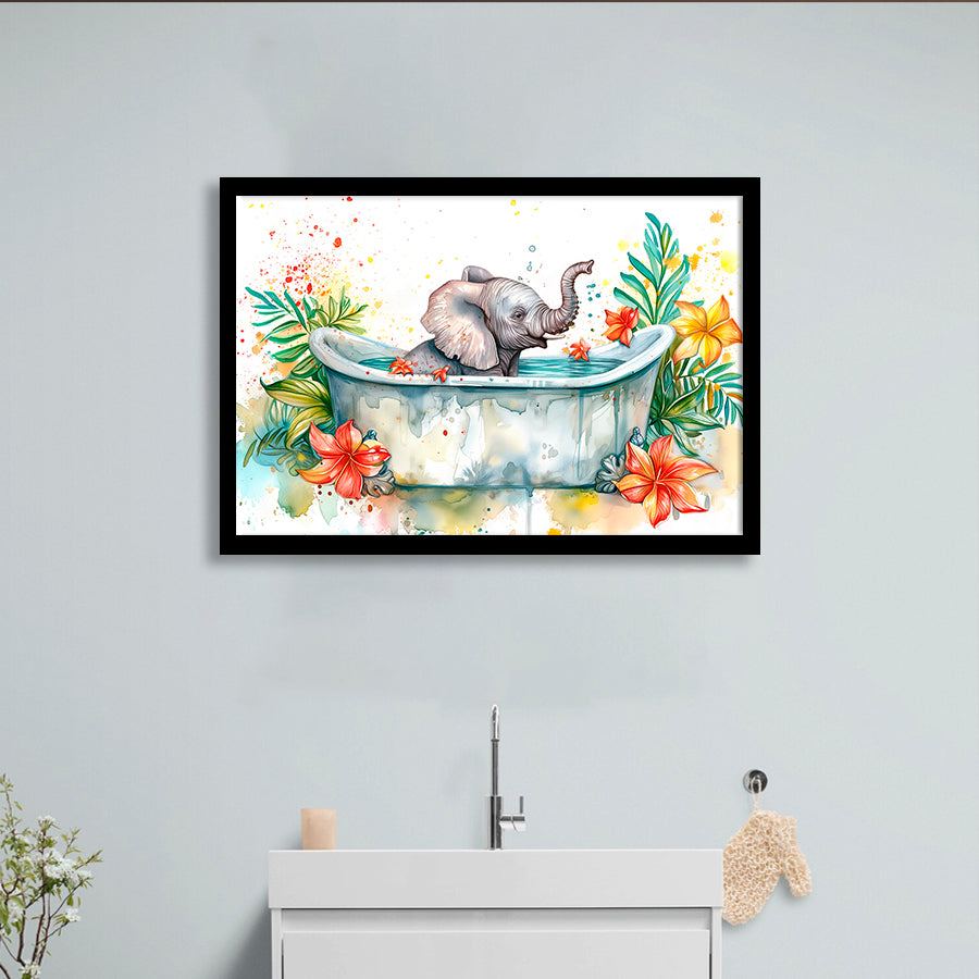 Baby Elephant In Bathtub Bathroom Print Water Color, Bathroom Art Decor Framed Art PrintsWall Art, Animal Bathroom Art