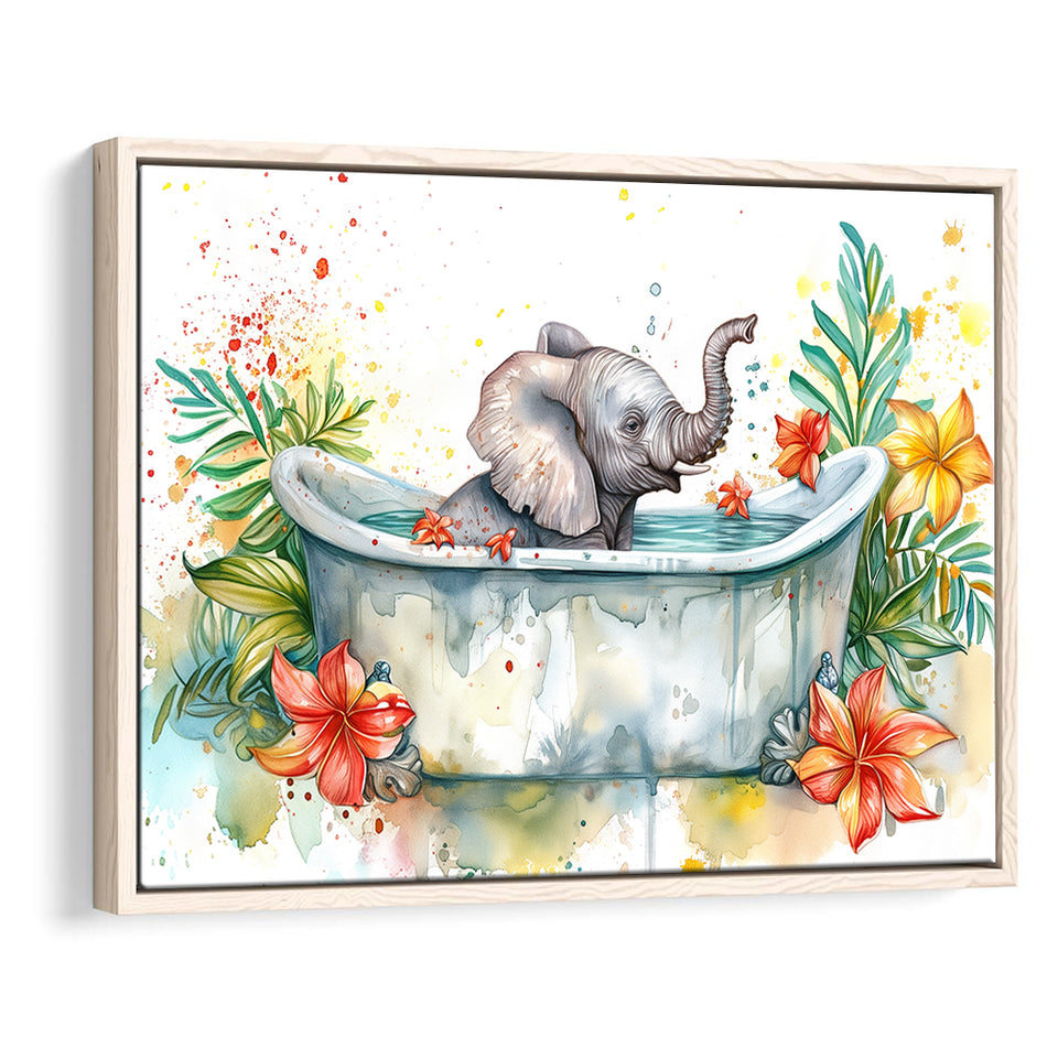 Baby Elephant In Bathtub Bathroom Print Water Color, Bathroom Art Decor Framed Canvas Prints Wall Art,Floating Frame