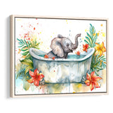 Baby Elephant In Bathtub Bathroom Print Water Color, Bathroom Art Decor Framed Canvas Prints Wall Art,Floating Frame