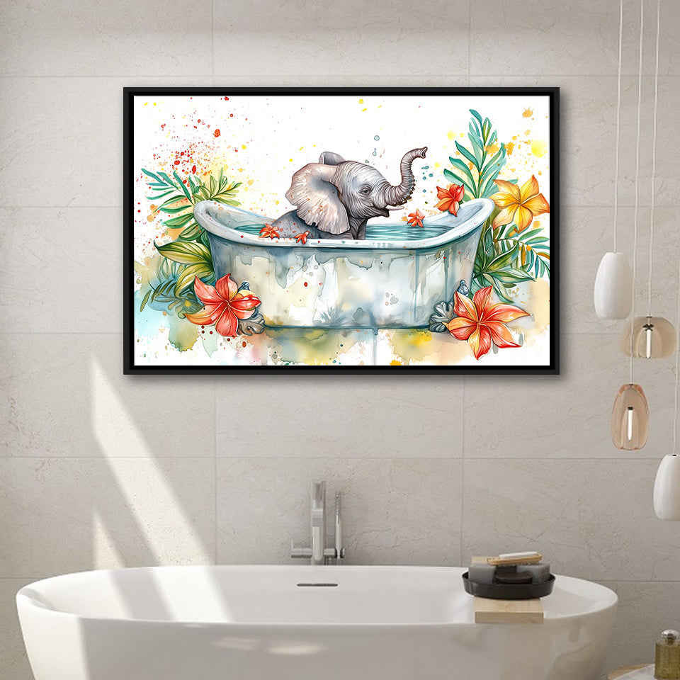 Baby Elephant In Bathtub Bathroom Print Water Color, Bathroom Art Decor Framed Canvas Prints Wall Art,Floating Frame