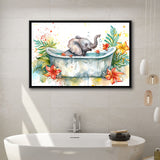 Baby Elephant In Bathtub Bathroom Print Water Color, Bathroom Art Decor Framed Canvas Prints Wall Art,Floating Frame