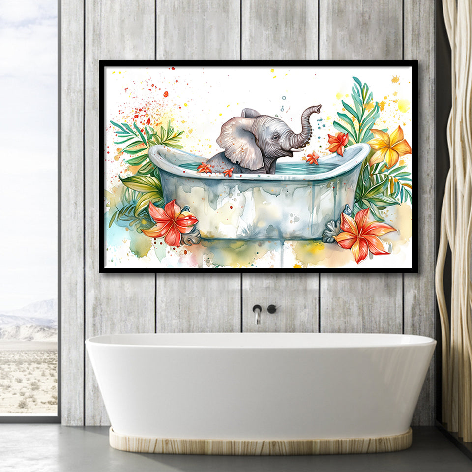 Baby Elephant In Bathtub Bathroom Print Water Color, Bathroom Art Decor Framed Art PrintsWall Art, Animal Bathroom Art