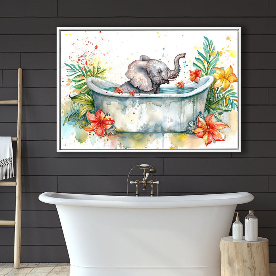 Baby Elephant In Bathtub Bathroom Print Water Color, Bathroom Art Decor Framed Canvas Prints Wall Art,Floating Frame