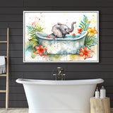 Baby Elephant In Bathtub Bathroom Print Water Color, Bathroom Art Decor Framed Canvas Prints Wall Art,Floating Frame