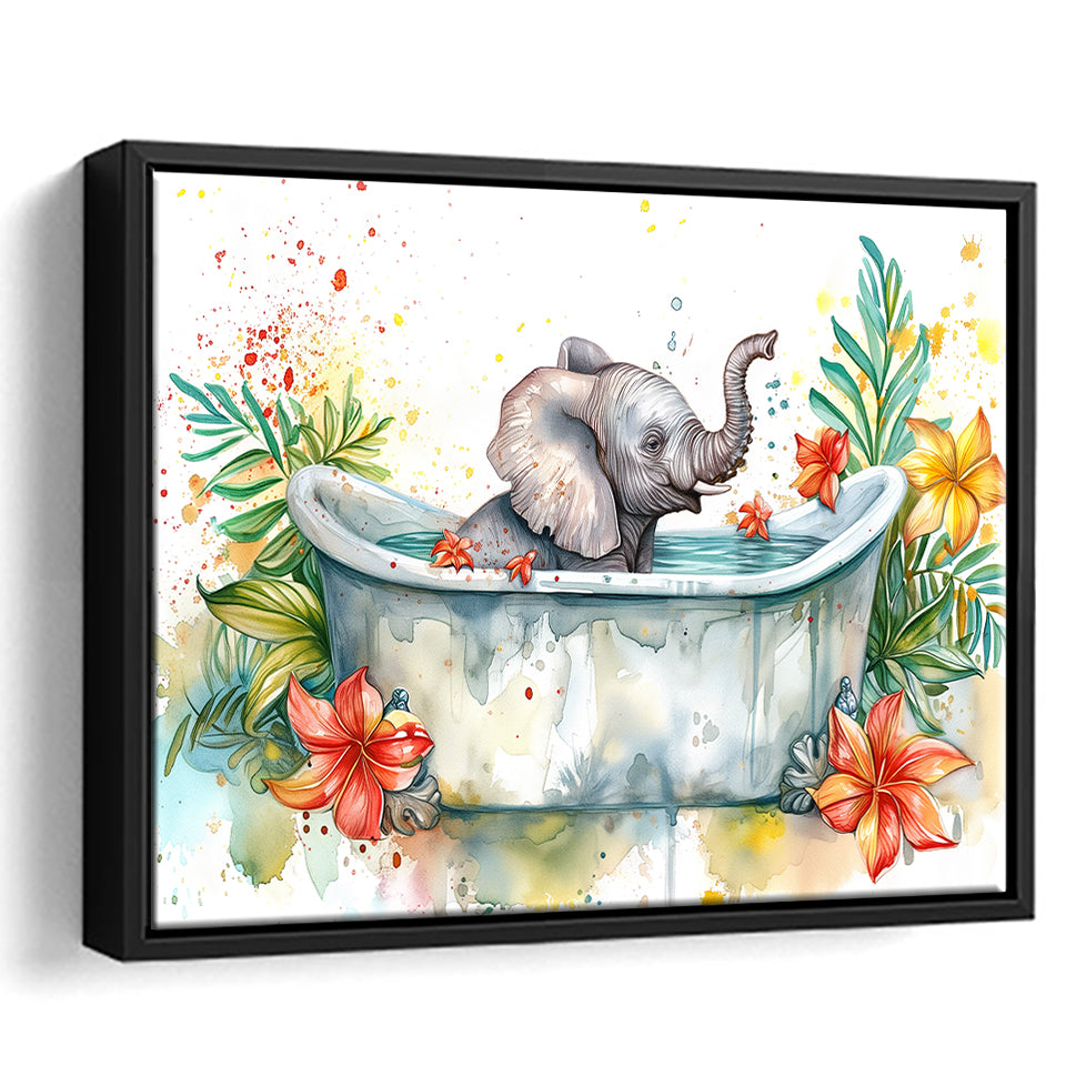 Baby Elephant In Bathtub Bathroom Print Water Color, Bathroom Art Decor Framed Canvas Prints Wall Art,Floating Frame