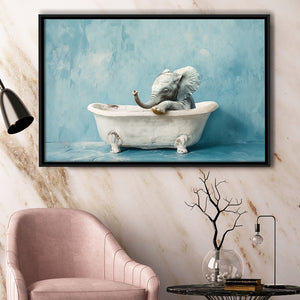 Baby Elephant In Bathtube Bathroom, Kids Art, Framed Canvas Print Wall Art Decor, Floating Frame Painting Canvas