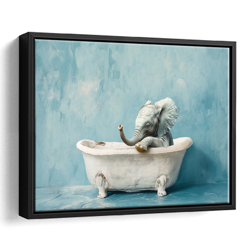 Baby Elephant In Bathtube Bathroom, Kids Art, Framed Canvas Print Wall Art Decor, Floating Frame Painting Canvas