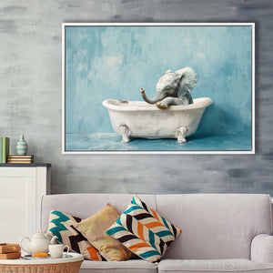 Baby Elephant In Bathtube Bathroom, Kids Art, Framed Canvas Print Wall Art Decor, Floating Frame Painting Canvas