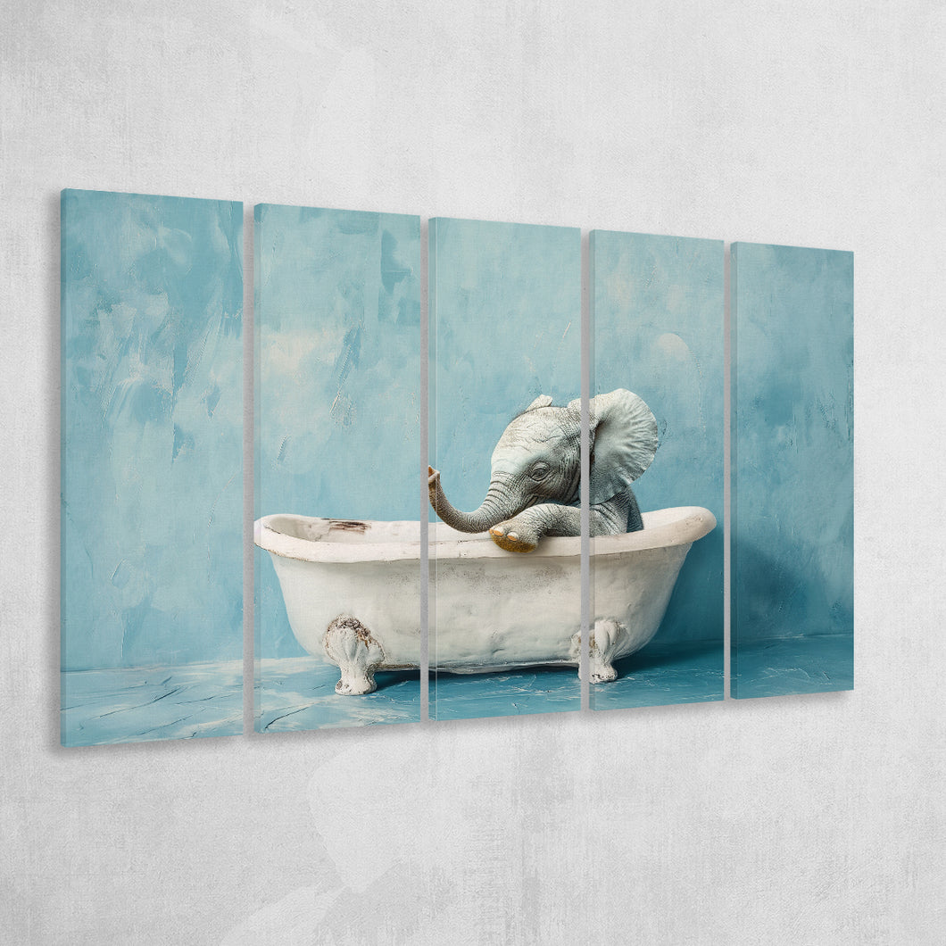 Baby Elephant In Bathtube Bathroom, Kids Art, Mixed 5 Panel B Canvas Print Wall Art Decor, Extra Large Painting Canvas