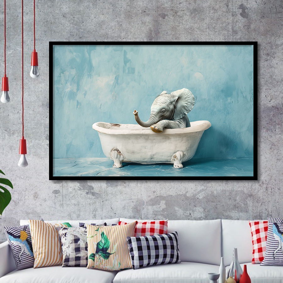 Baby Elephant In Bathtube Bathroom, Kids Art, Framed Art Print Wall Decor, Picture Framed Painting Art