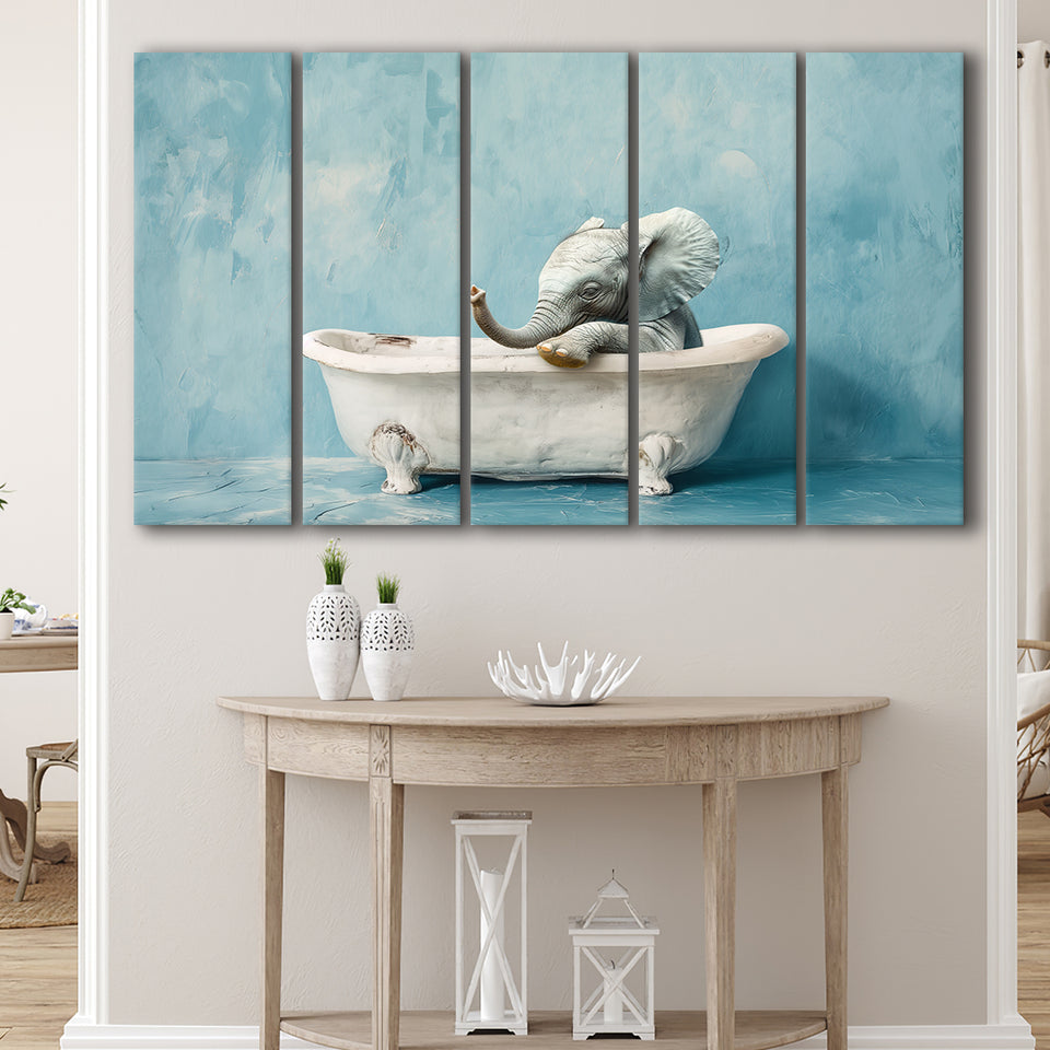 Baby Elephant In Bathtube Bathroom, Kids Art, Mixed 5 Panel B Canvas Print Wall Art Decor, Extra Large Painting Canvas