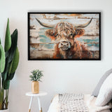 Baby Highland Cow Painted On Wood Rustic Cabin 1, Framed Canvas Print Wall Art Decor,Floating Frame