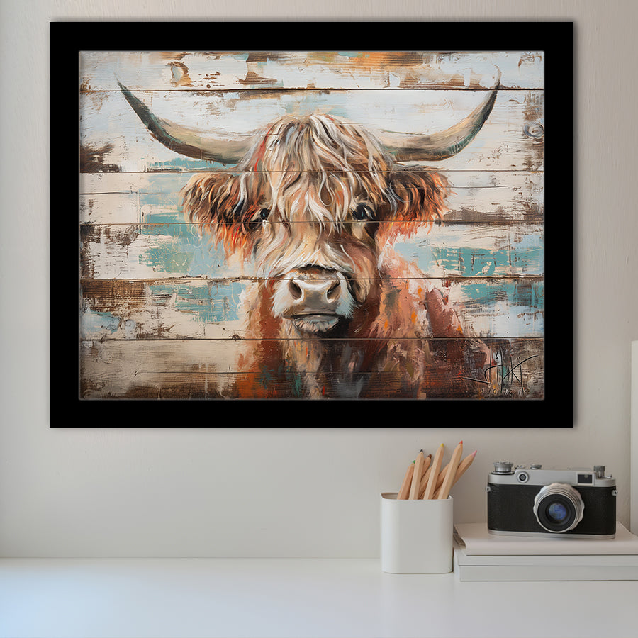Baby Highland Cow Painted On Wood Rustic Cabin 1, Framed Art Print Wall Decor, Framed Picture