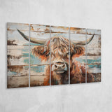 Baby Highland Cow Painted On Wood Rustic Cabin 1, Extra Large Multi 5 Panel Canvas Print Wall Art Decor