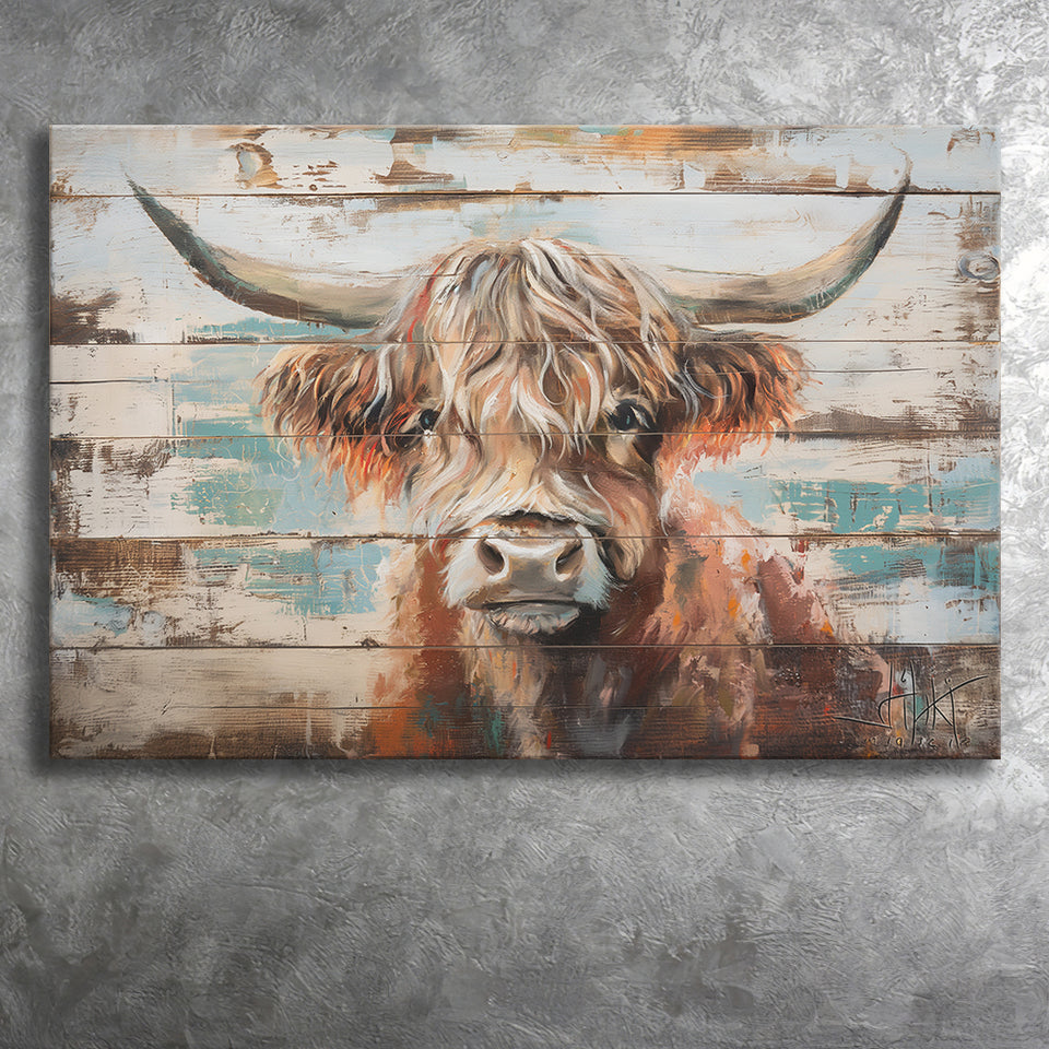 Baby Highland Cow Painted On Wood Rustic Cabin 1, Canvas Print Wall Art Decor, Landscape Art Print