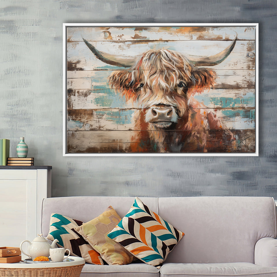 Baby Highland Cow Painted On Wood Rustic Cabin 1, Framed Canvas Print Wall Art Decor,Floating Frame
